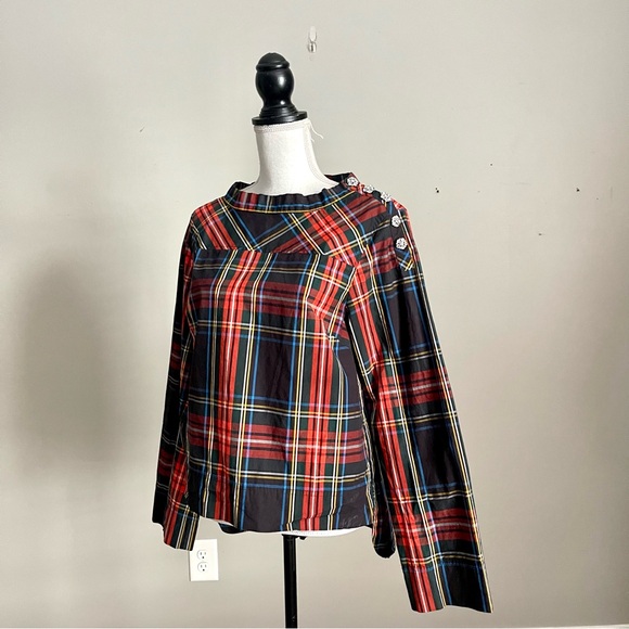 J. CREW | Plaid Rhinestone Button Shoulder Long Sleeve High-Low Top z 8 - Picture 5 of 12
